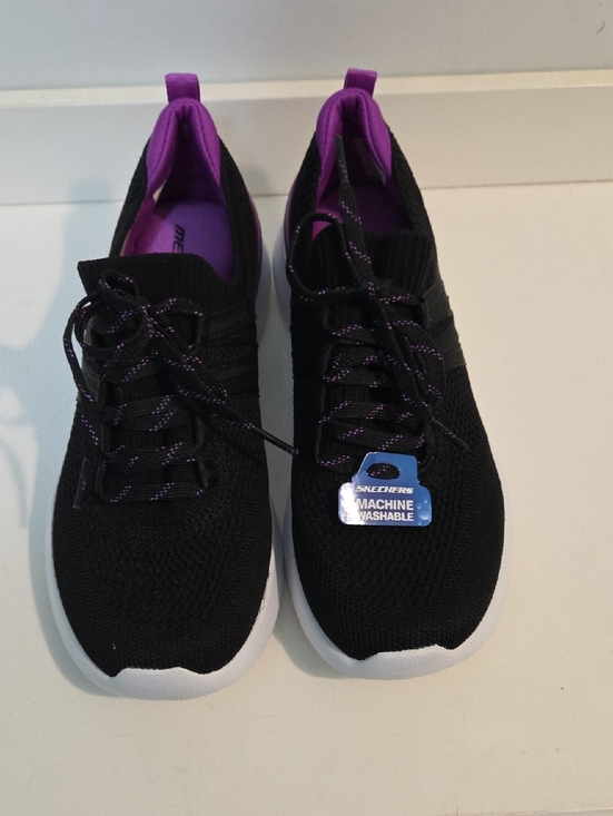 Skechers Shoes - Skechers Black Knit Athletic Slip-On Sneakers with Purple Accents NWT Size 6 1/2